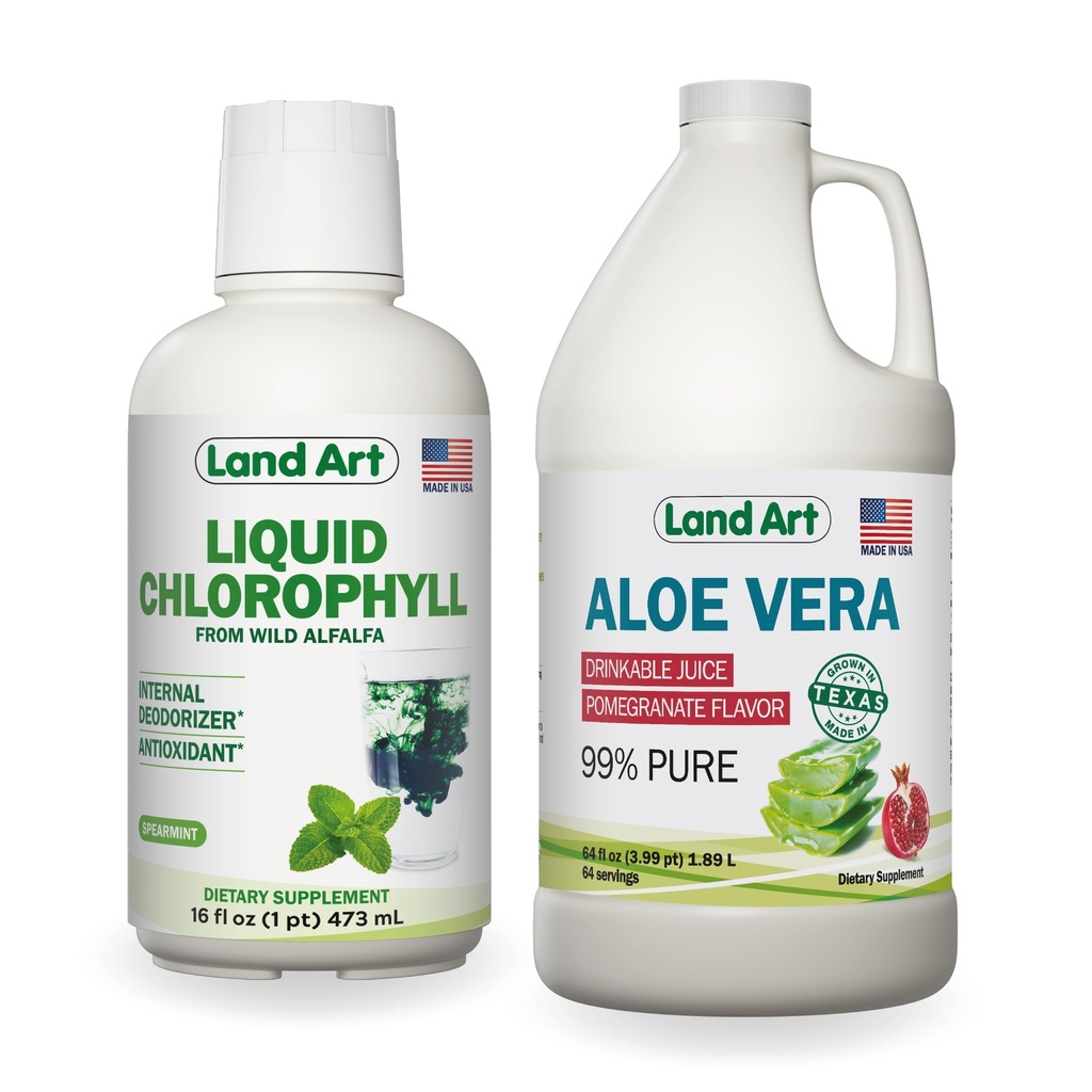 Land Art Aloe Vera Juice - Rodii aromate - Procesate la rece - File interior din frunze proaspete organice - 64floz + Clorofila lichida - menta la rece extrasa din salbatice non-GMO Alfalfa - 16floz