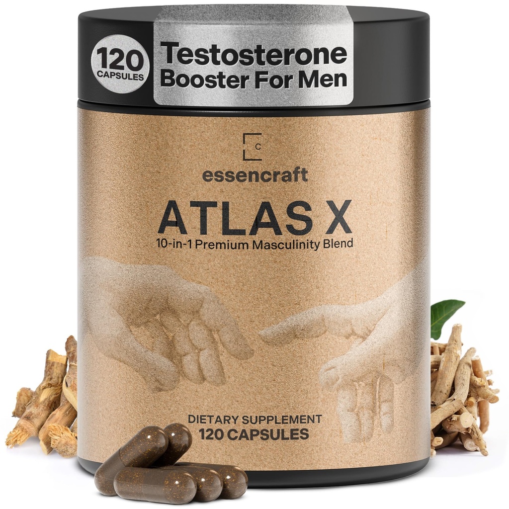ATLAS X 10-in-1 Masculinity Maximiser Supplement for Men - Energie, Putere şi Vitalitate Capsule cu Shilajit, Ashwagandha, Zinc, Safed Musli, Tongkat Ali, Black Maca, Fadogia Agrestis, 2 Luna de aprovizionare