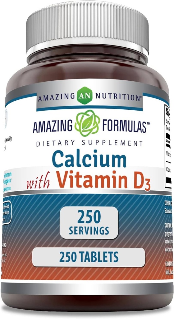 Amazing Formulas Calcium with Vitamin D3 Supplement | Tablets | Non-GMO | Gluten-Free | Made in USA (1 Pack, 250 Count)