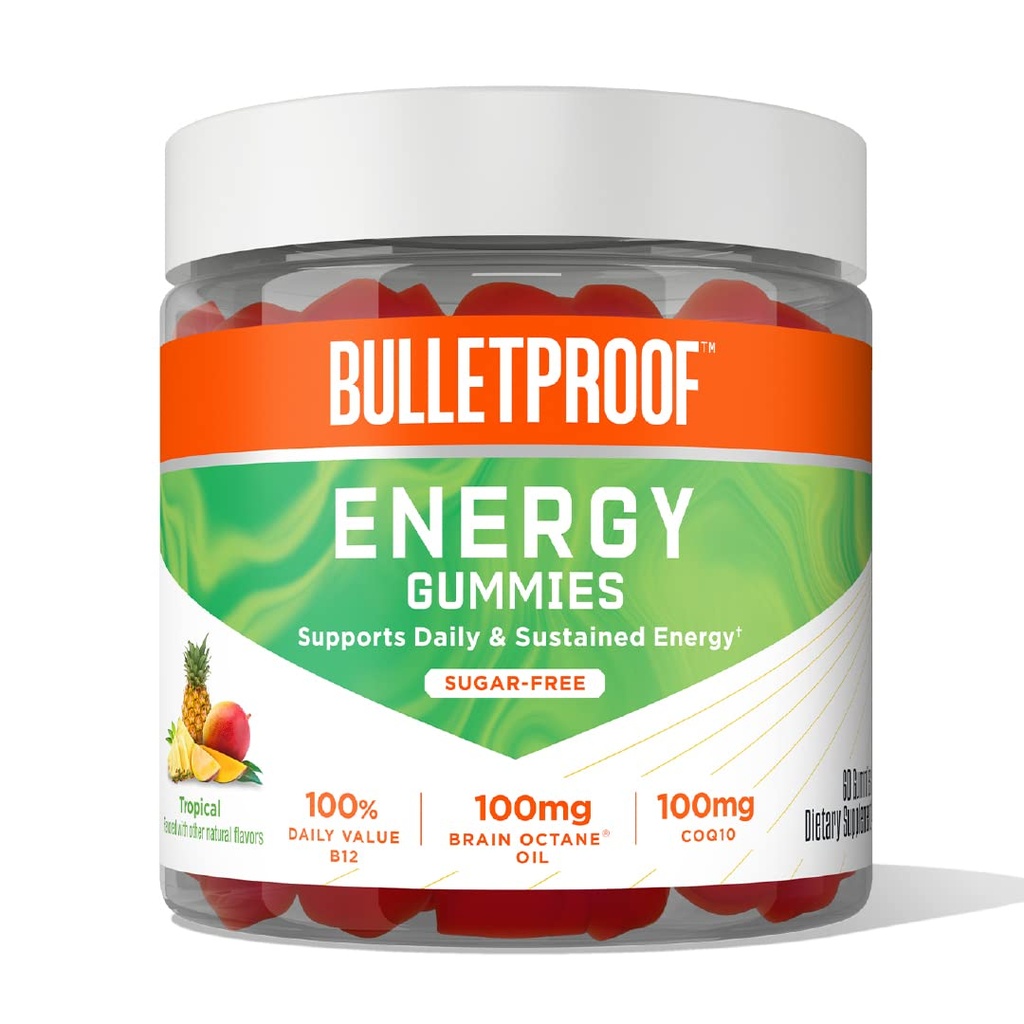 Gume de energie tropicală antiglonț-glonț, 60 Conte, Supliment pentru energie zilnică și susținută cu 100mg CoQ10, valoare zilnică de B12, 100mg ulei de creier Octane