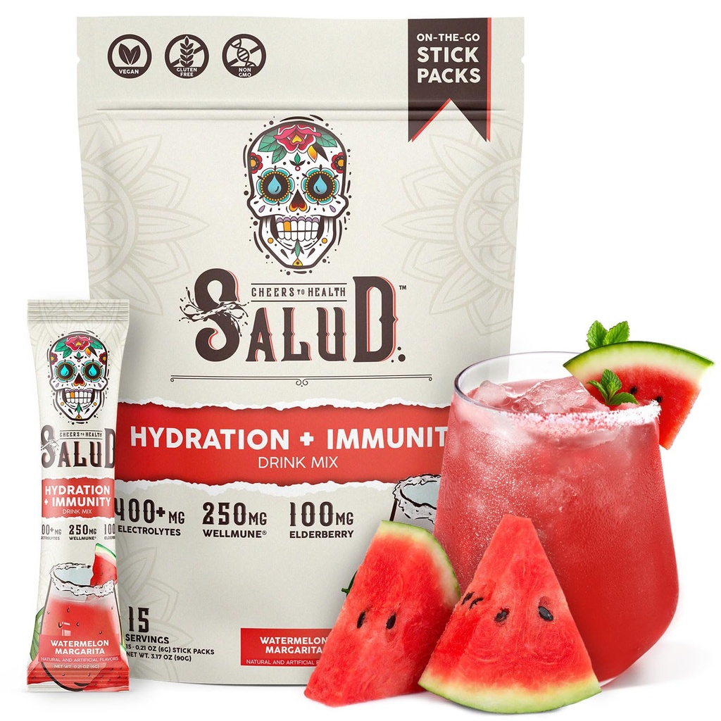 Salud 2-in-1 Hidratare si Imunitate Electroliti Pulbere, Pepene verde Margarita - 15 Serviri, Agua Fresca Drink Mix, Elderberry, Dairy & Soy Free, Non-GMO, Gluten Free, Vegan, Low Calorie, 1G Sugar