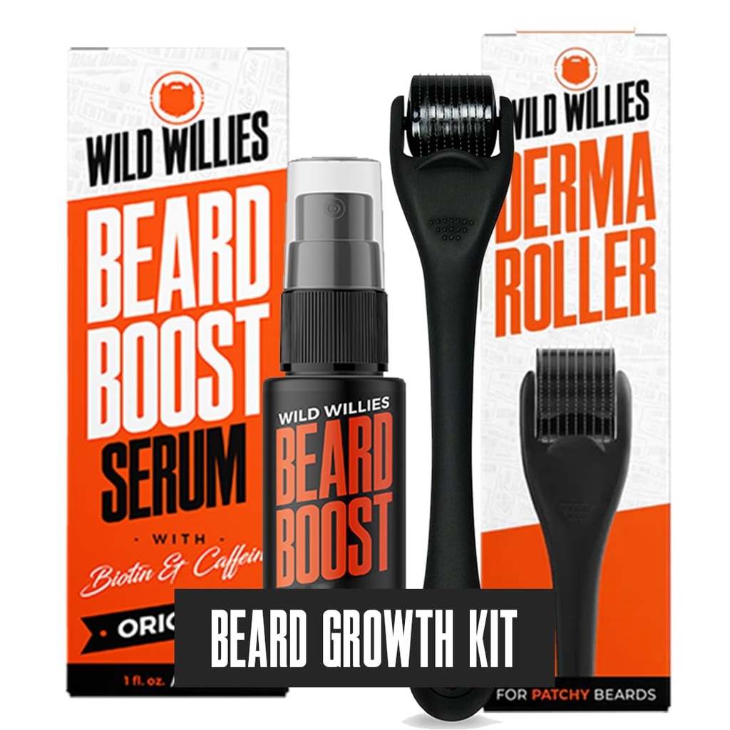Wild Willies Barbă de creștere Kit - Premium Derma Roller & Beard Boost Ser - Microneedle Roller & Beard Ser de creștere a părului cu Biotin & Cafeina pentru Barbă Fuller, Care Scalp - Ușor de utilizat Kit cu Case