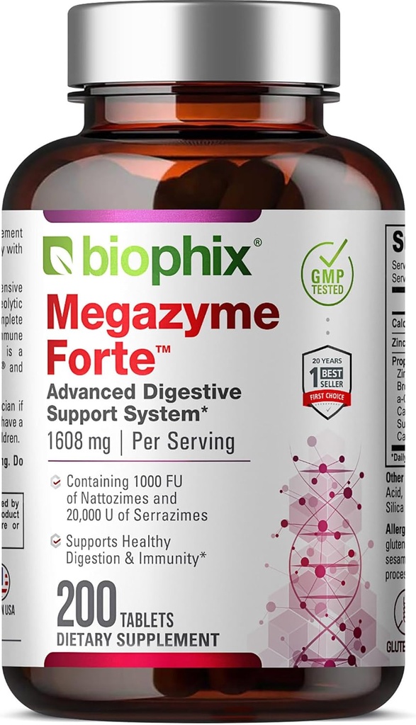 biophix Megazyme Forte 200 Tablete - plante naturale  Proteolitice Enzime Nattozimes Serrazimul sprijină sistemul digestiv Imuna Sănătate