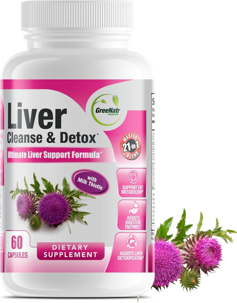GreeNatr Liver Cleanse Detox & Formula de reparații - Milk Thistle, Berberine, Ginger, Root Beet, Dandelion Root, Artichoke Extract, și Chanca Piedra pentru Optimal Liver Health Support (1 flacon)