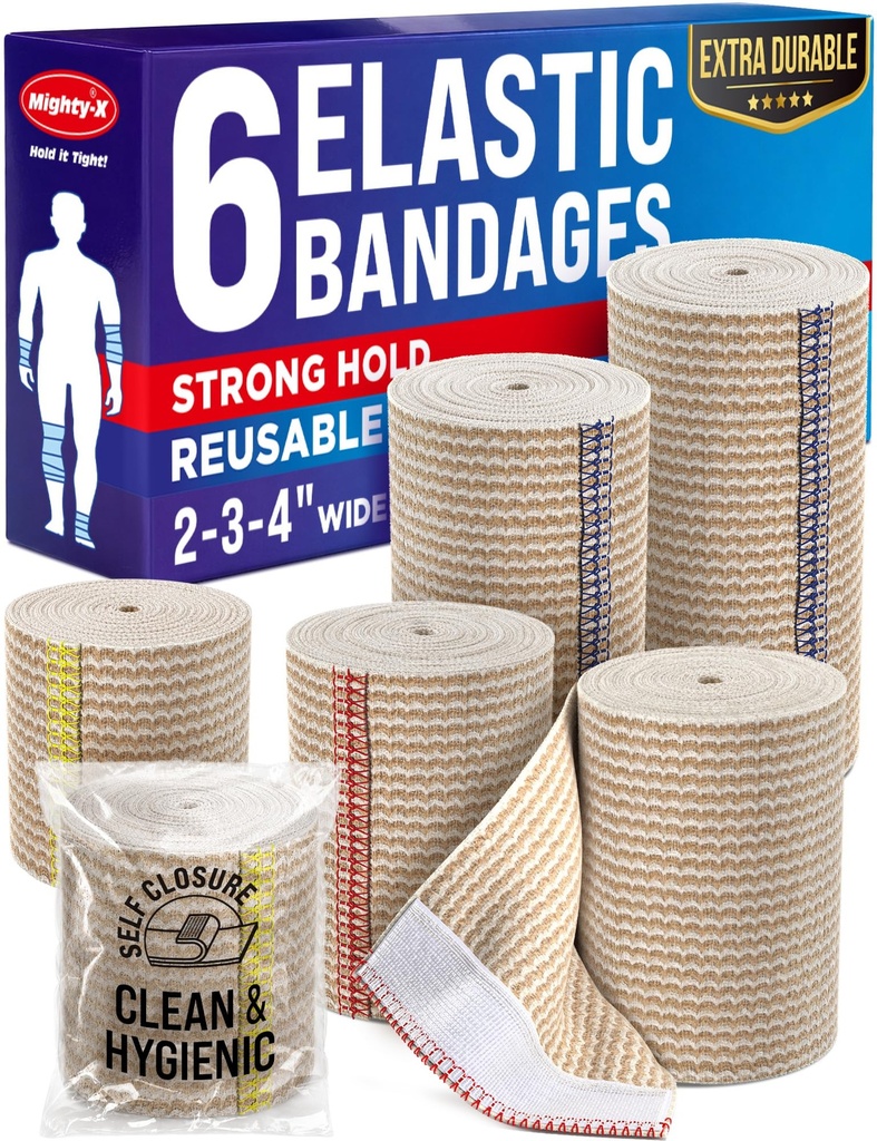 Bandaj elastic de înaltă performanță - 6 Pack (2x2in, 2x3in, 2x4in) - Auto-închidere Bandaj de compresie puternic Wrap pentru picioare, glezne, încheieturi și genunchi