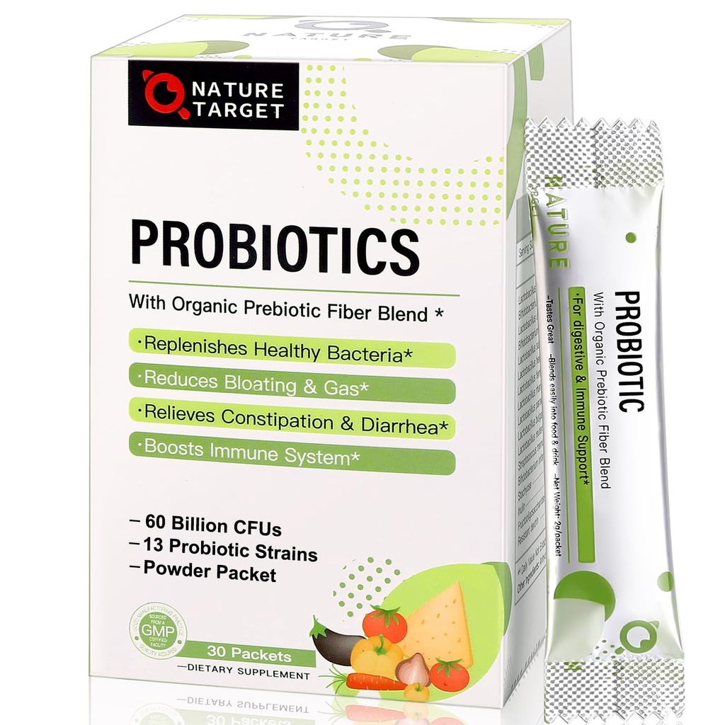 Natura Probioticele-ȚINTĂ pentru femei-bărbați-copii Pulbere probiotică 60 Miliarde CFU 13 Tulpini - Prebiotice și Probiotice pentru Digestive Health, Perioada de valabilitate Stable, Non-GMO, Gluten gratuit 30 Pachete