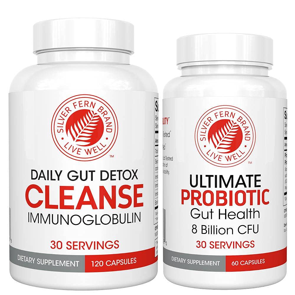 Silver Fern Gut Rehab Kit - 30 zile de aprovizionare - Cleanse Daily (1 flacon = 120 capsule) & Ultimate Probiotic (1 flacon = 60 capsule) - Imunoglobuline si Spore Probiotice de formare