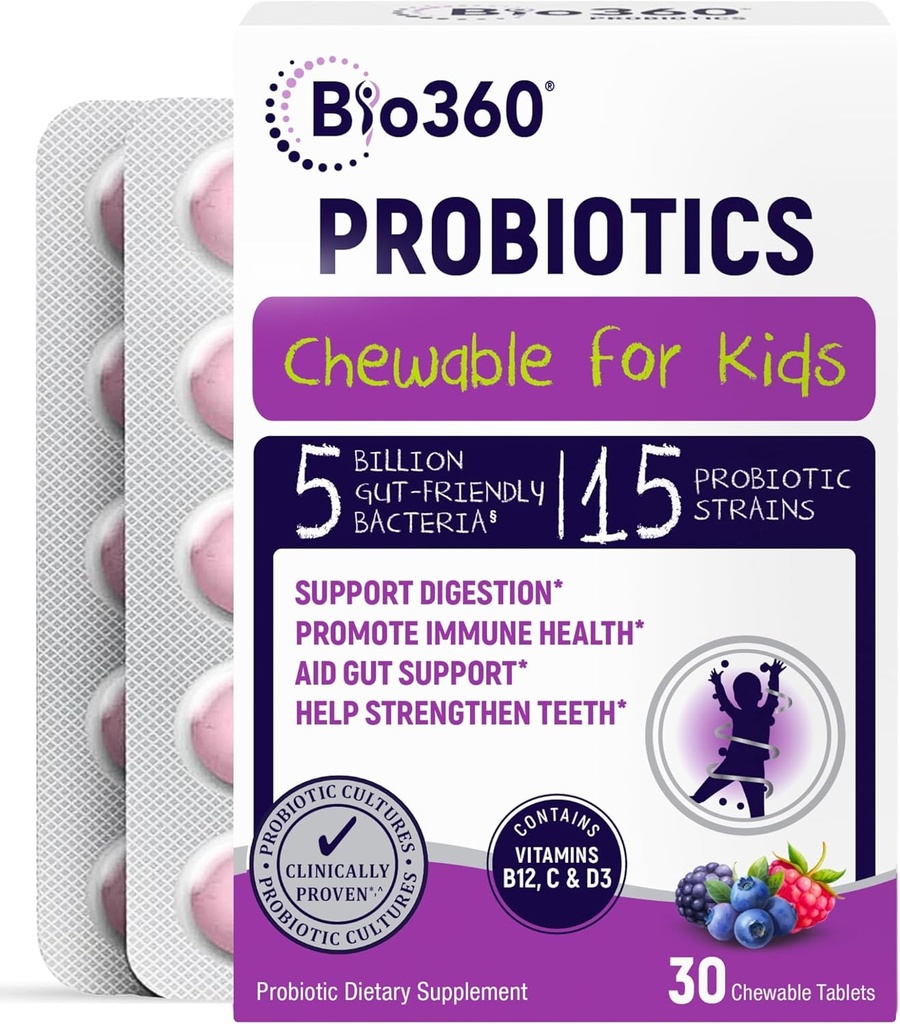 Bio360 Probiotice pentru copii - 15 Strains & 5 Miliarde CFU sprijină creierul, Immune & Digestive Health - Copii Probiotic Chewable cu prebiotice organice pentru constipație, mixt aroma Berry, 30 Conte