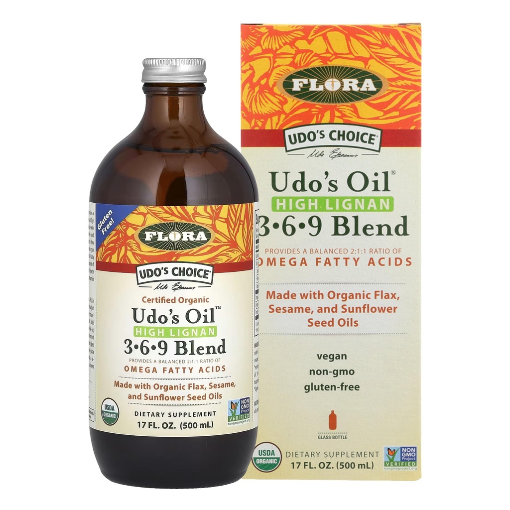 Flora - Udo's Choice High-Lignan 369 Oil Omega Blend, Udo's Oil Balanced 2:1:1 Ratio of Omega Fatty Acids, Made with Organic Flax, Sesame & Flower Seed Oils, 17-oz. Flacon de sticlă