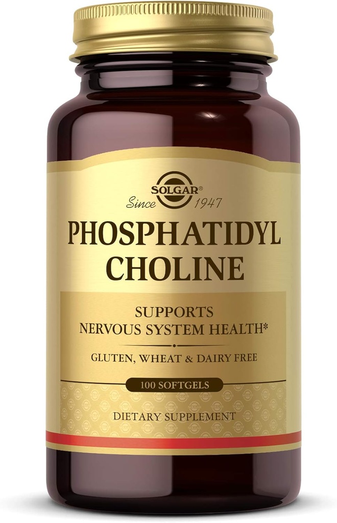 Solgar Fosfatidilcolină, 100 Softgels - Promovarea funcţiei cognitive sănătoase - Derivate din lecitină - Conţine colină pentru neurotransmiţător Acetilcolină - Gluten gratuit, lactate gratuit - 50 Serviri