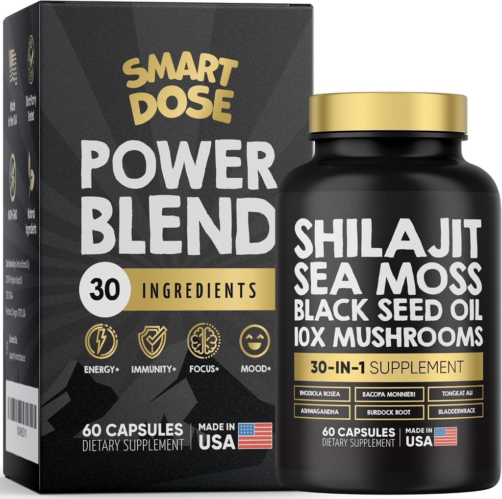 Capsule de alimentare - 30-in-1 Supliment Bundle cu Shilaj 6000mg, Sea Moss 4000mg, Black Seed Oil 4000mg, Ashwagandha 2000mg, 10x Ciuperci, Tongkat Ali, Maca, Holistic Pills Combo