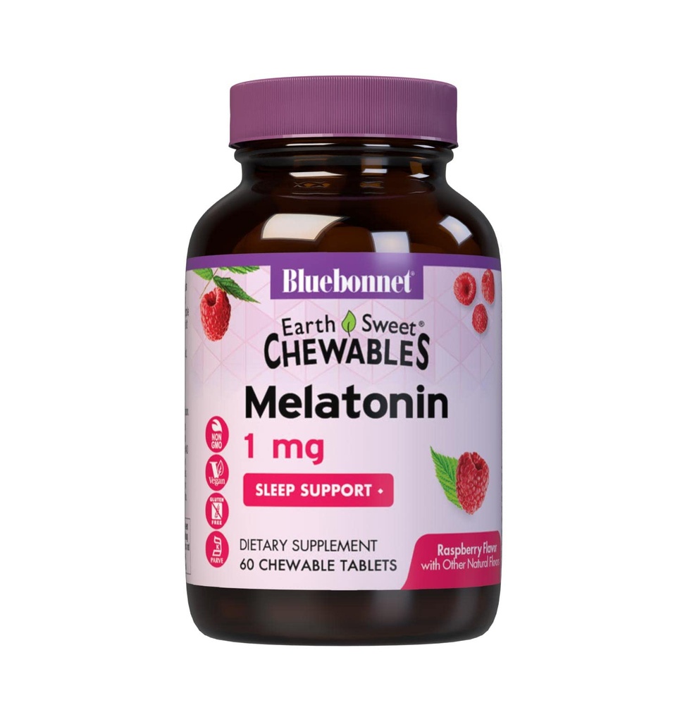 Bluebonnet Nutrition EarthSweet Melatonin 1 mg Rapid-Acțiune rapida relaxare pe timp de noapte și suport somn odihnitor - Ajutor pentru somn - Gluten-Free, Vegan - Aroma - Tablete masticabile Raspberry