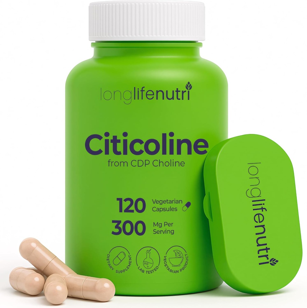 LongLifeNutri Citicoline (CDP-Choline) 300 mg, 120 Capsule vegetariene, 4 Month Supply, GMP Certified, Made in USA