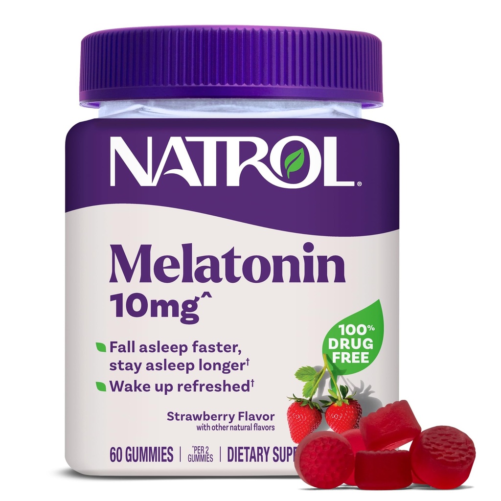 Natrol 10mg Melatonina Gummies, Sleep Support pentru Adulți, Melatonina Suplimente pentru dormit, 60 Căpșuni-Flavored Gummies, 30 zile de aprovizionare