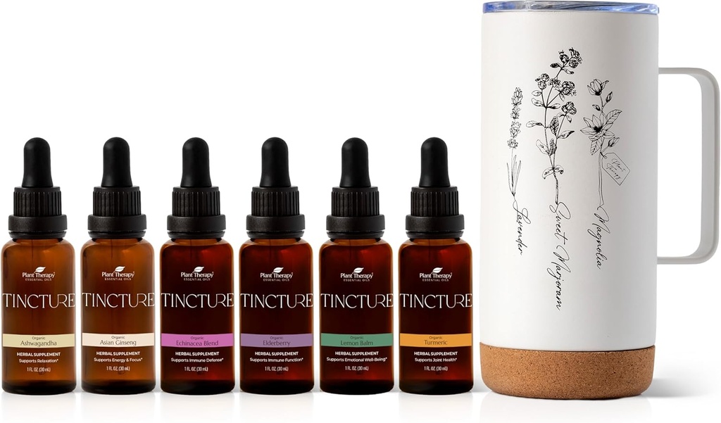 Terapia plantelor Pachetul total de tinctură include 30 ml fiecare din Ashwagandha organică, Ginseng Asian, Echinacea Blend, Elderberry, Lemon Balm, Turmeric & Travel Mug