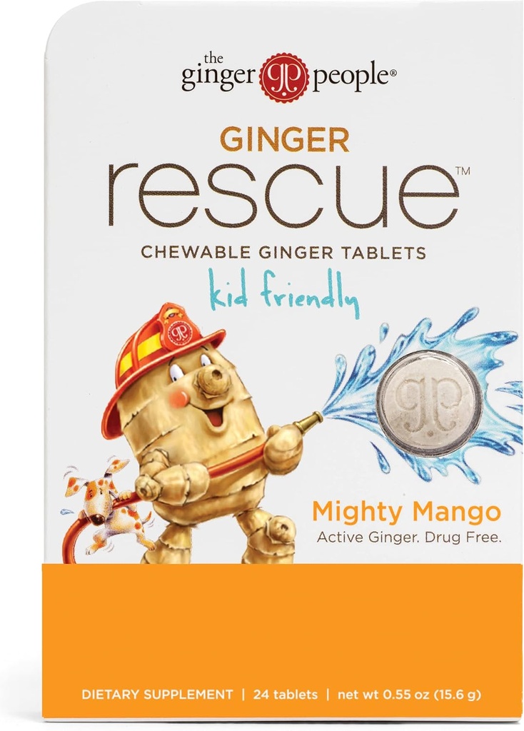 Ginger People Ginger Rescue® Tablete masticabile de droguri Digestive Sănătate, 5.5 oz Tablete masticabile, Aroma Mango puternic, Kid Friendly, 0.55 Oz, 24 Conte (Pachet de 1)