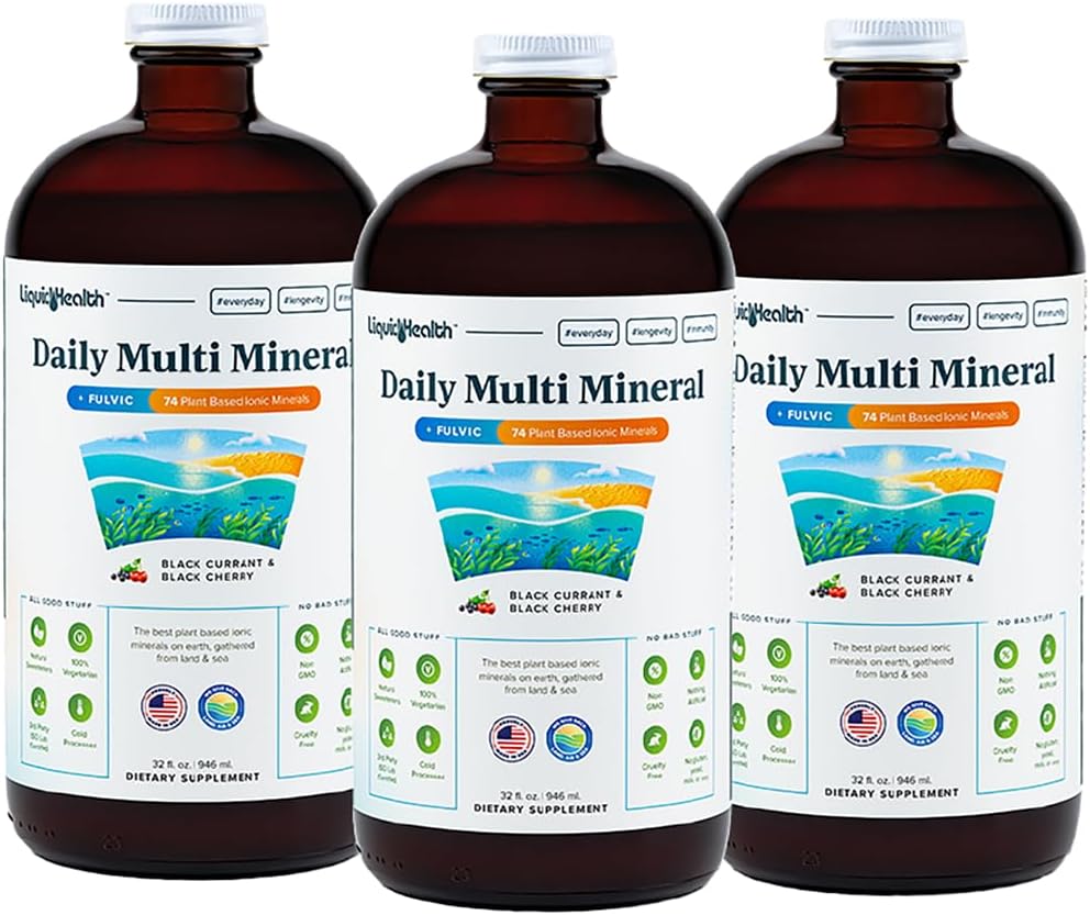 LIQUIDHEALTH Daily Multi Mineral Liquid Supplement cu acid fuzelian, pe bază de plante Aquamin Sea Trace Ocean Minerals - Immune Support, Energy, Gut Health, Detox - Made in USA, Vegetarian (3 Pack)