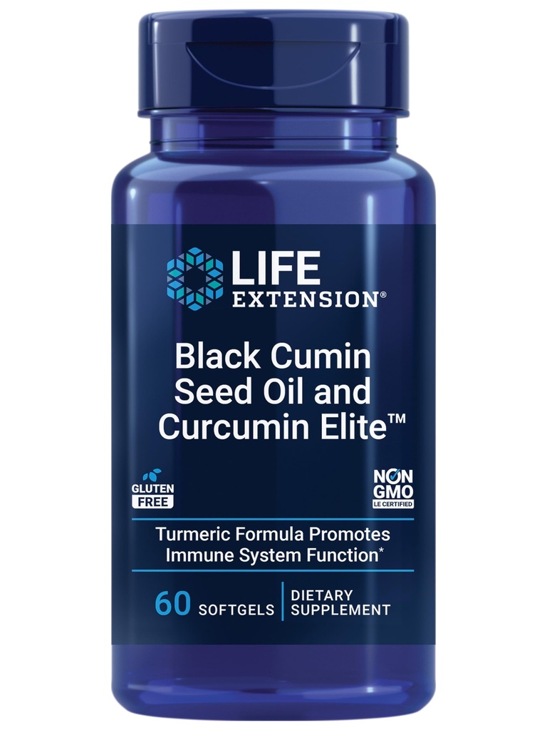 Life Extensie Black Cumin Seed Oil and Curcumin Elite, Black Cumin, Turmeric Extract, Immune Health Support, High Biodisponibilitatea, Whole-Body Health, Gluten Free, Non-GMO, 60 Softgels