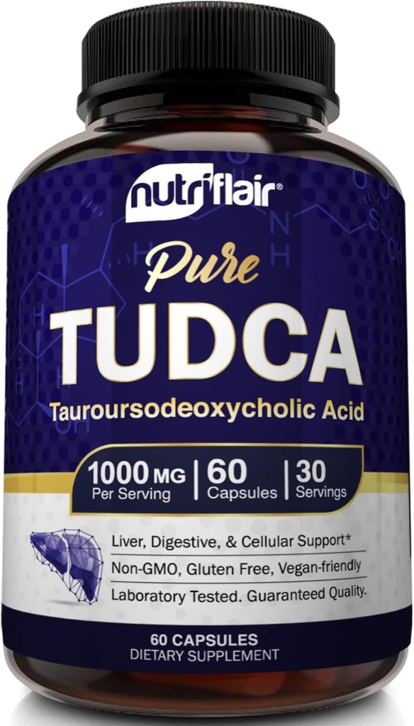 NutriFlair Pure TUDCA 1000mg - Premium Tauroursodeoxicolic Acid Bile Salts, Detox & Cleanse, Non-GMO, Gluten-Free. Suport ficat, rinichi & Gallbladder- Made in USA, 60 Capsule