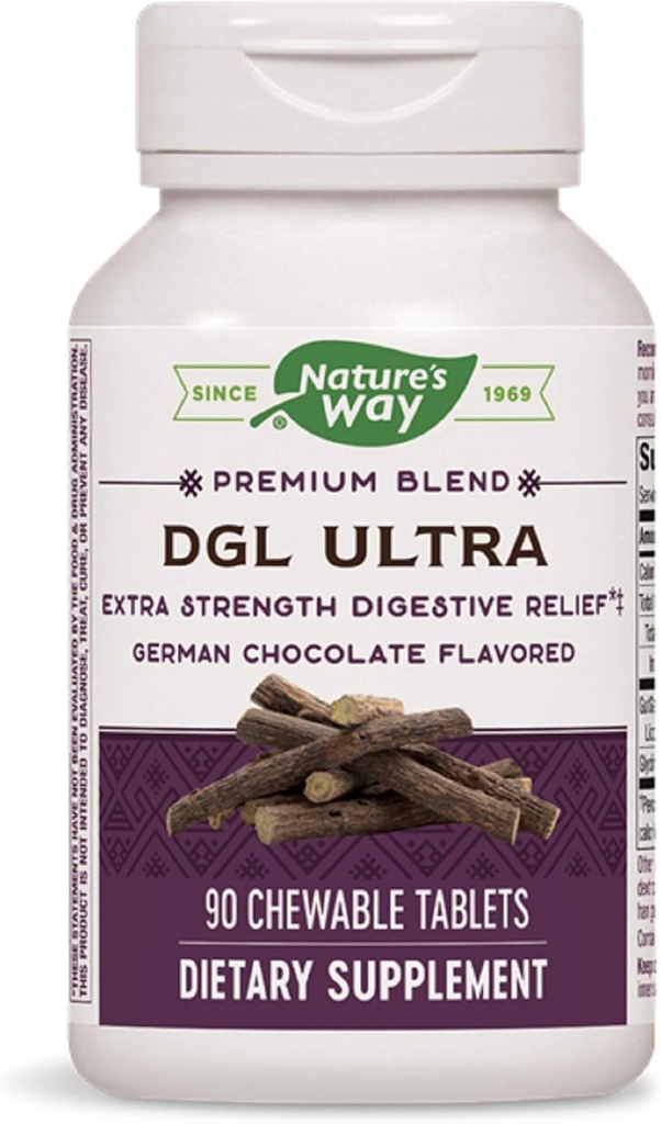 Natura's Way DGL ULTRA 10:1 Extra Force, 75 mg per serving, German Chocolate Flavored, 90 Chewables, Pack of 2 (Packaging May Vary)