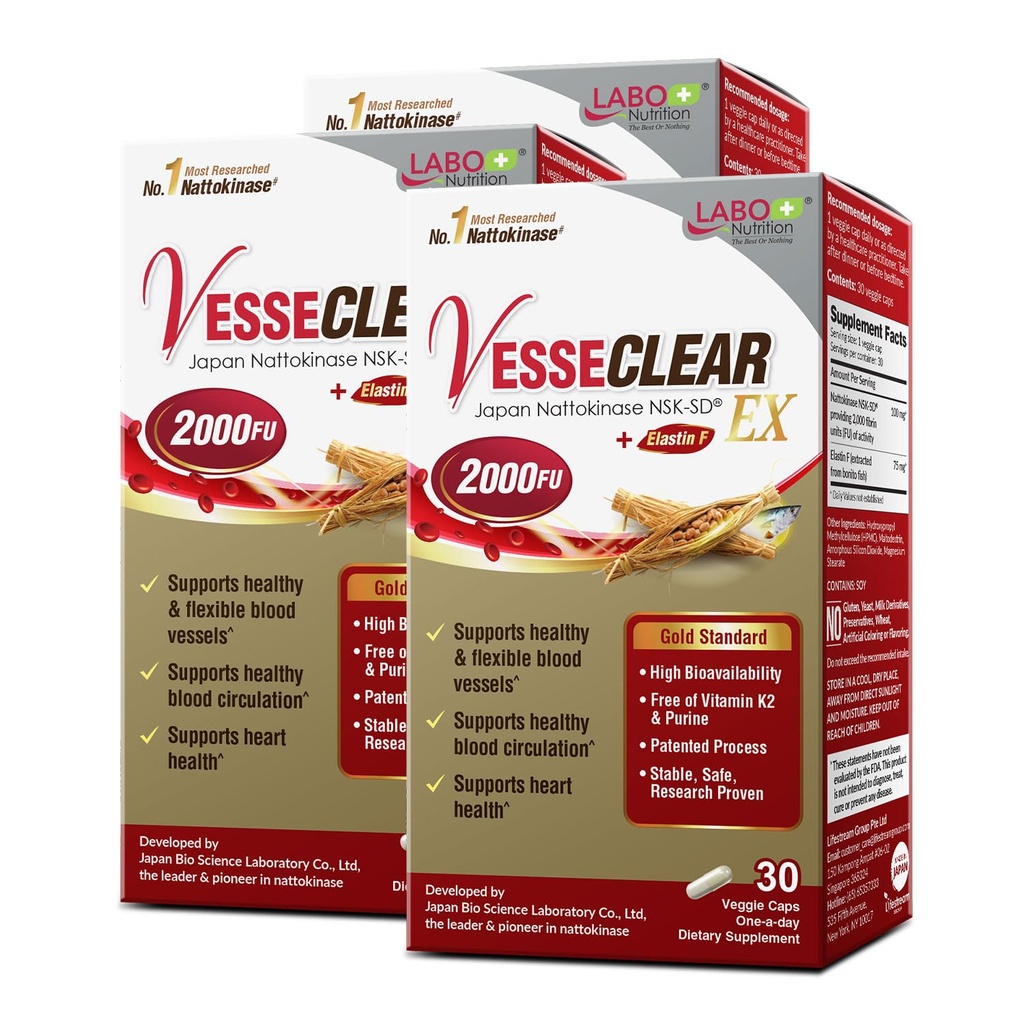 Labo Nutrition VesseCLEAR EX: Nattokinaza NSK-SD+Elastin F pentru vase de sânge curate şi flexibile. Cea mai studiată clinică doză, funcţională, capsule cu eliberare acidă/întârziată, 90 Număr