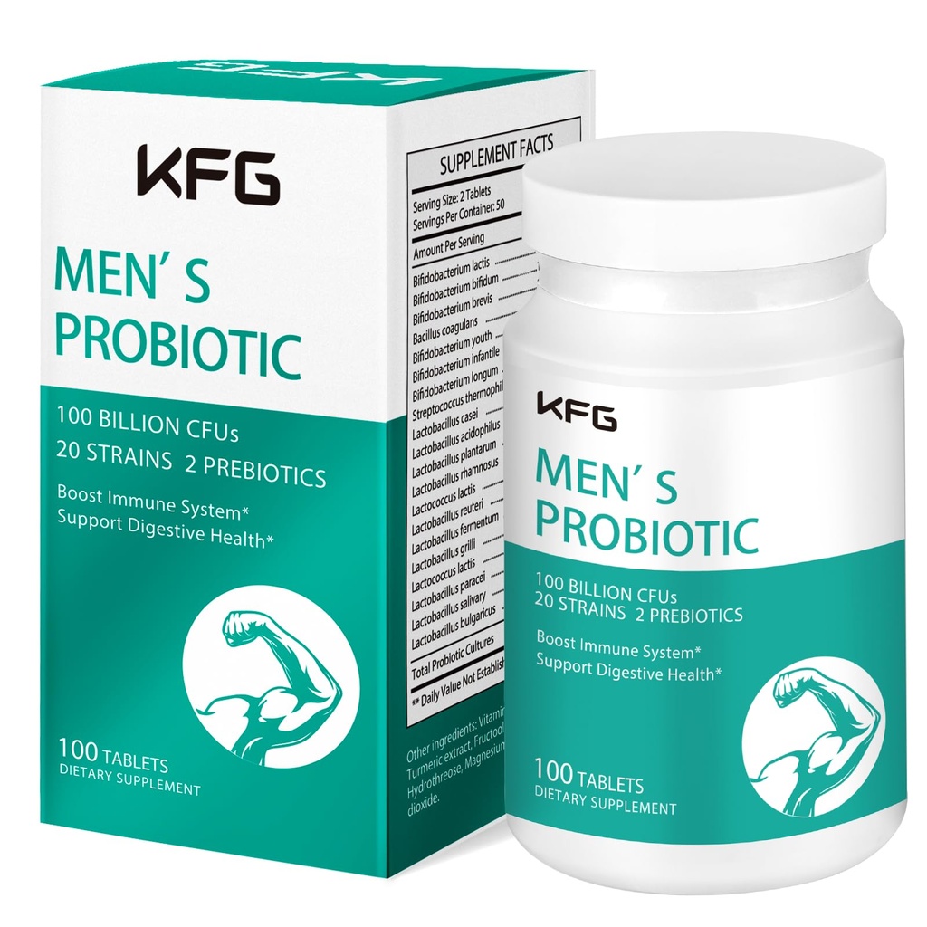 Suplimentul probiotic KFG 100 Miliarde CFU, 20 de tulpini, 2 prebiotice şi enzime digestive, susţine digestia, sprijinul imun, sănătate şi metabolism, non-GMO, gluten şi soia, 100 comprimate