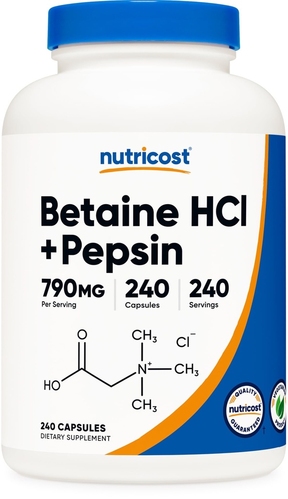 Nutricost Betaine HCl + Pepsin 790 mg, 240 capsule - Vegetarian & OMG liber