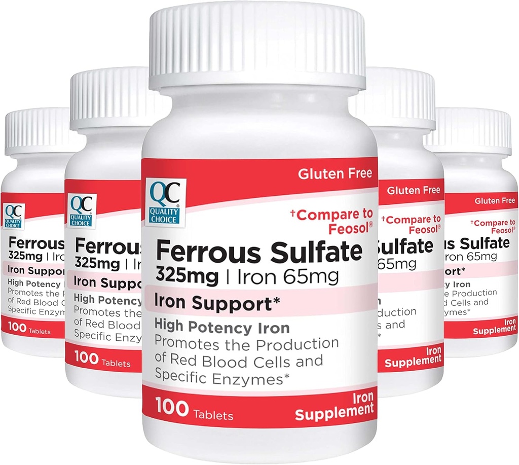 Cality Choice Iron 65 mg (325 mg Ferous Sulfate) Suplimente de suport pentru fier cu potenţă mare în 100 flacoane de numărare (5 cutii)