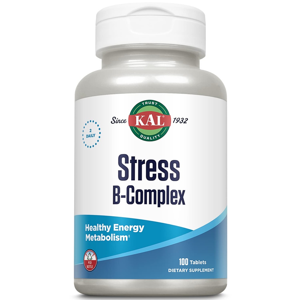 KAL Stress B Complex de vitamine, Vitamina B Complex pentru energie, stres, formarea de celule roșii și suport imunitar, cu vitamina B12, B6 și acid folic, 60-Day Garanție, 50 Serv, 100 comprimate