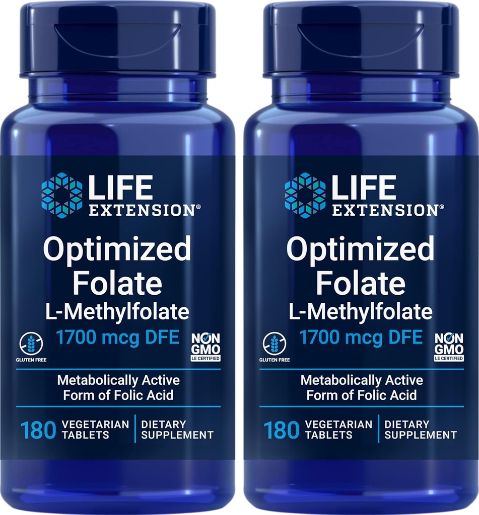 Extensie de viaţă Folat optimizat (L-metilfolat) 1700 mcg DFE, 180 Veg comprimate (Pachet de 2)