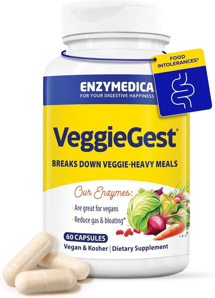 Enzymedica, VeggieGest, Enzime digestive, Suportă Ocazional Gas & Blooting Relief de la mese de mare fibre, pentru diete Vegan & Vegetarian, Enzyme Blend pentru Digestive Health, 60 Conte
