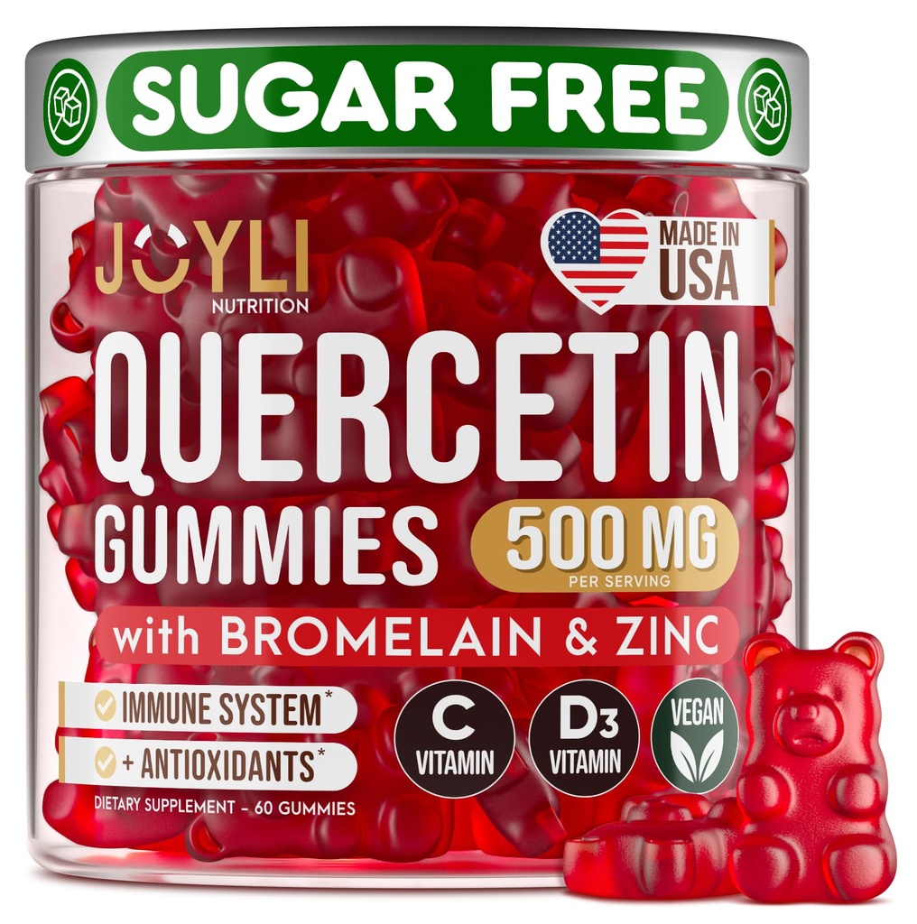 JOYLI Querbetin Gummies - Querbetin cu Bromelain Zinc Vitamina C & Vitamina D3 - Querbetin Supliment 500MG pentru sistemul imunitar & Alergie - Querbetin pentru copii și adulți - 60 Querbetin Chewable