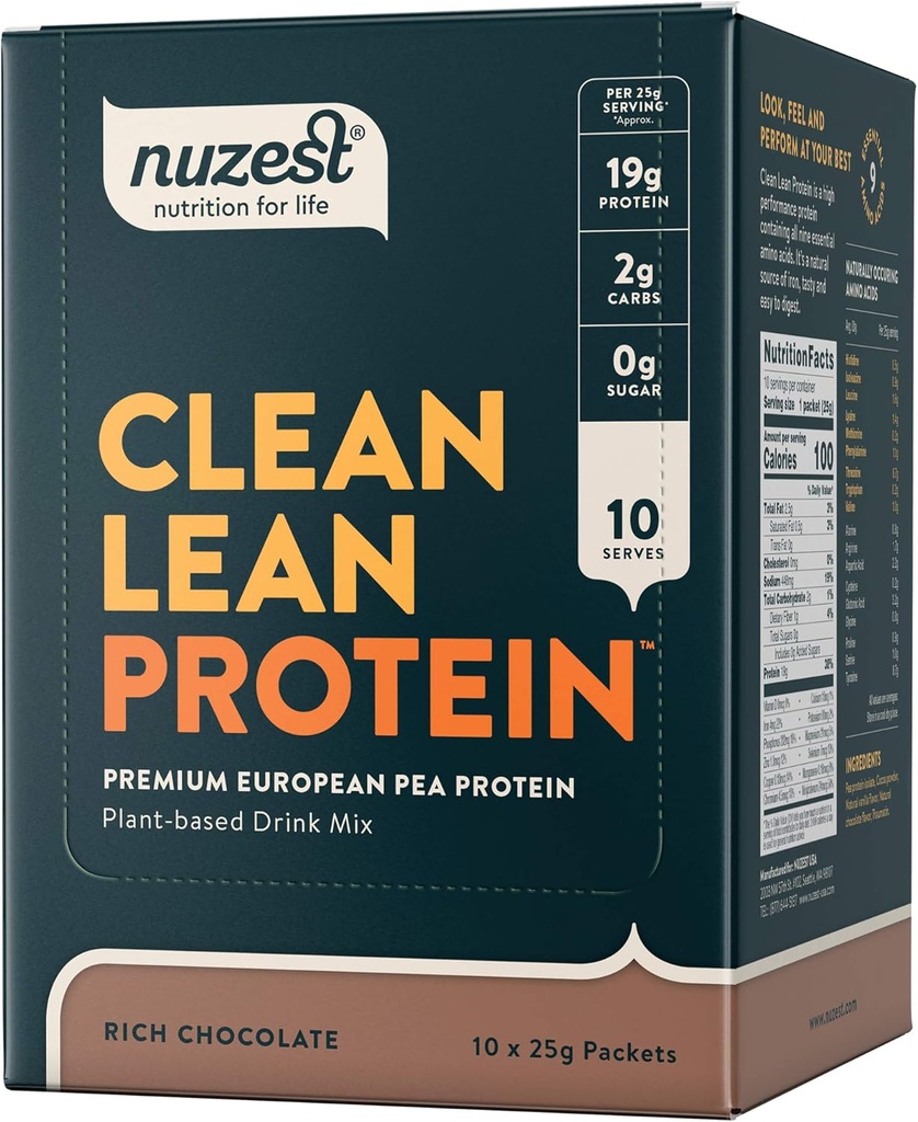 Nuzest - Pea Proteine pulbere - Proteină Lean curat, Premium pe bază de plante Vegan praf de proteine, lactate gratuit, gluten gratuit, OMG-uri, Shake de proteine, ciocolată bogată, 0,9 oz, (Pachet de 10)