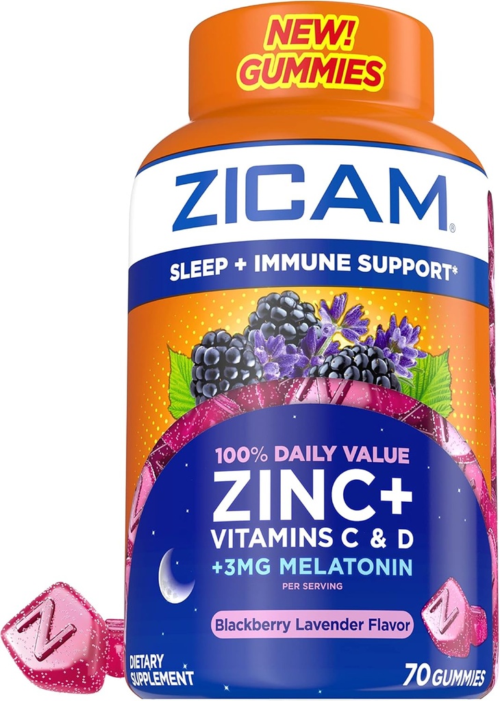 Zicam Sleep + Imunity Support. Zinc, Gummy Supliment, BlackBerry Lavender Aroma, vitamina C și vitamina D, 3mg Melatonină per Serving, 70 Conte