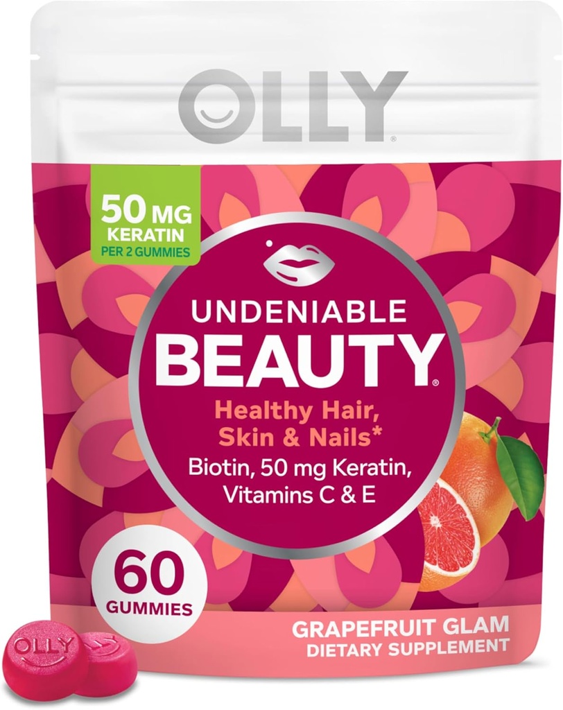 OLLY Gummy de frumusete de necontestat, Pentru par, Piele, Nails, Biotina, Vitamina C, Keratina, Supliment masticabil, Grapefruit, 30 zile de aprovizionare - 60 Conte