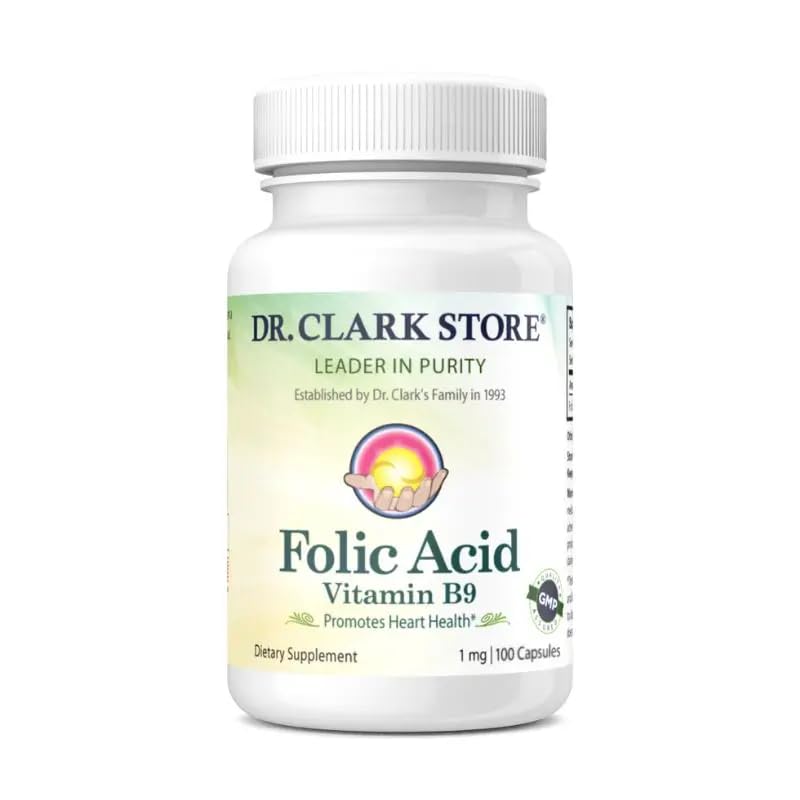 Dr. Clark Folic Acid (Vitamina B9) Suplimentul 1mg, 100 capsule de Gelatină, vitamina B esenţială pentru sănătatea zilnică
