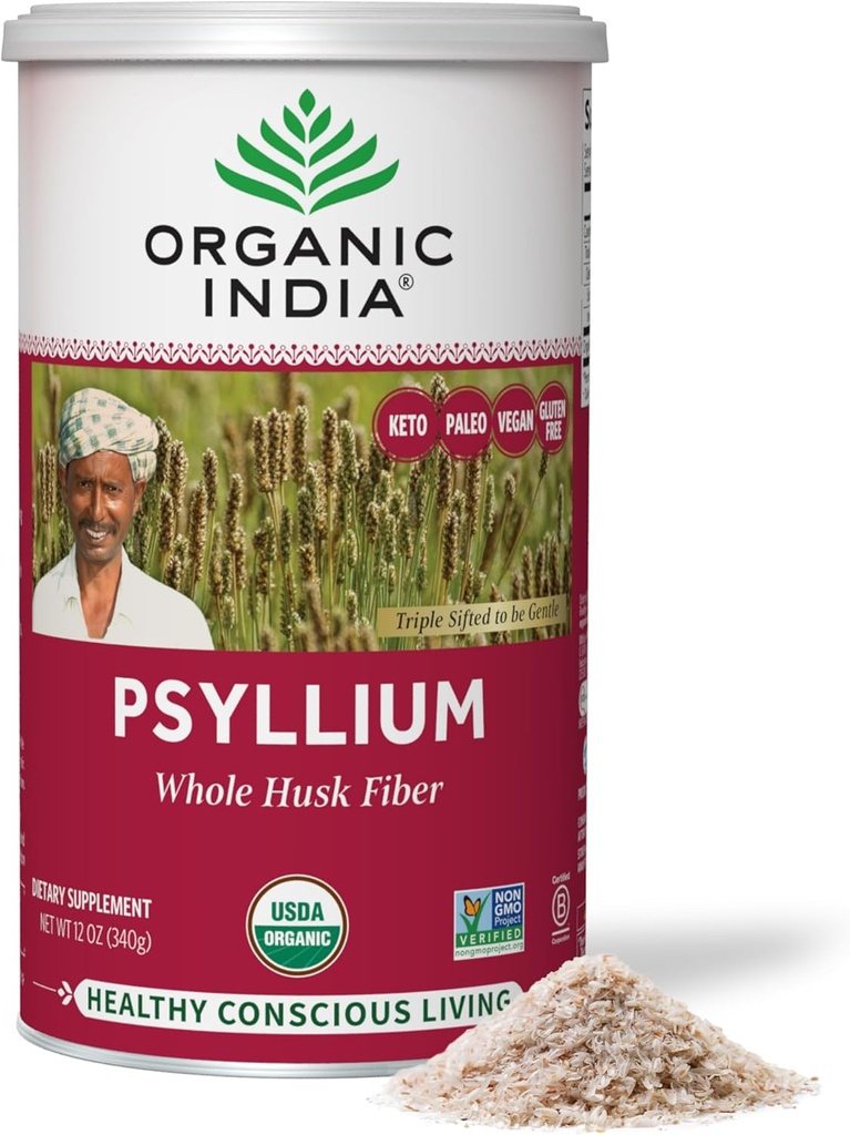 ORGANIC INDIA Whole Psyllium Husk Powder Organic - Psyllium Husk Fiber Supplement, Digestion Support, Vegan, Gluten-Free, Non-GMO, Soluble & Insolubil Fiber Source - 12 oz (Pachetul de 1)