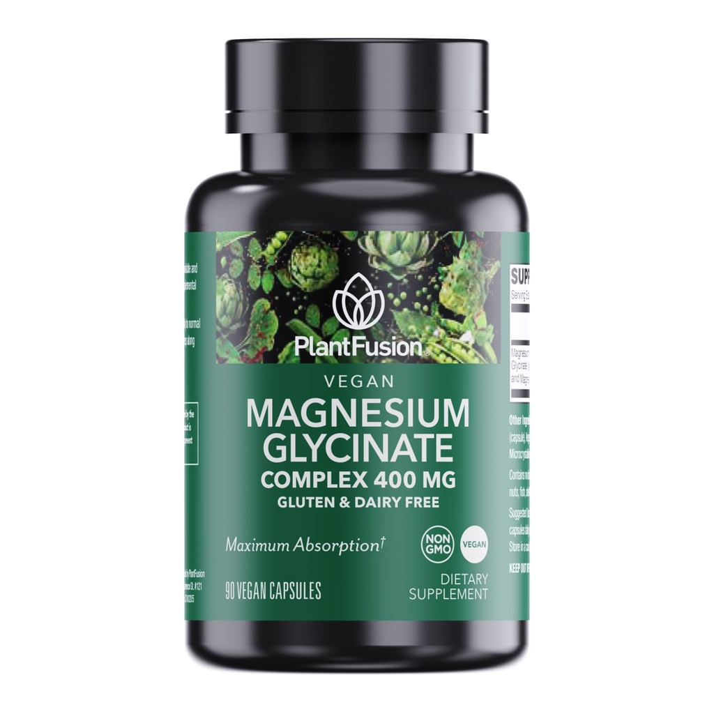 PlantFusion Vegan Magneziu Glycinate Complex 400 mg - Absorbție ridicată și biodisponibilitatea - Chelated - Sprijină relaxarea musculară, somn, Cardio Health, Stress Relief, și producția de energie - Non OMG