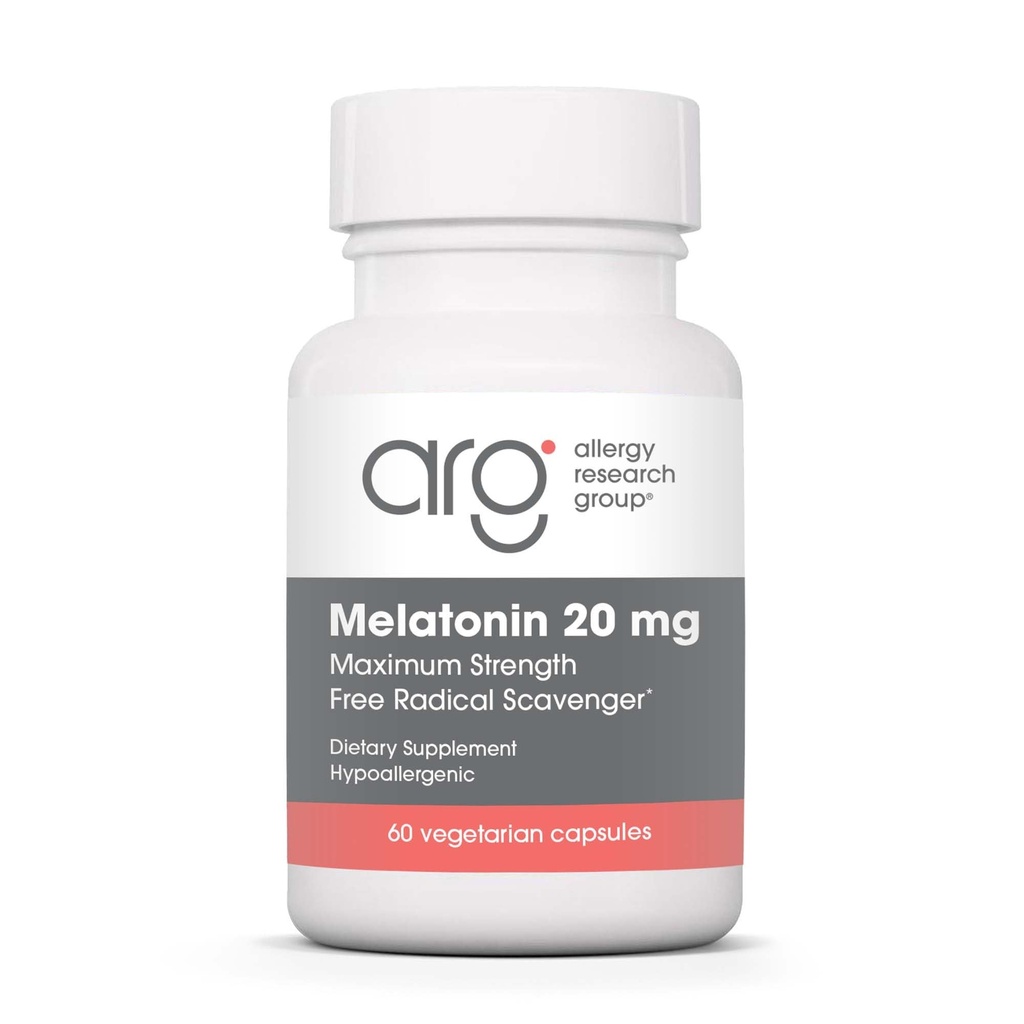 Grupul de cercetare pentru alergii Melatonina 20mg - Melatonină pură, Extra Putere pentru adulţi, Ajutor pentru Somn, Doza mare, Capsule vegetariene - 60 Conte
