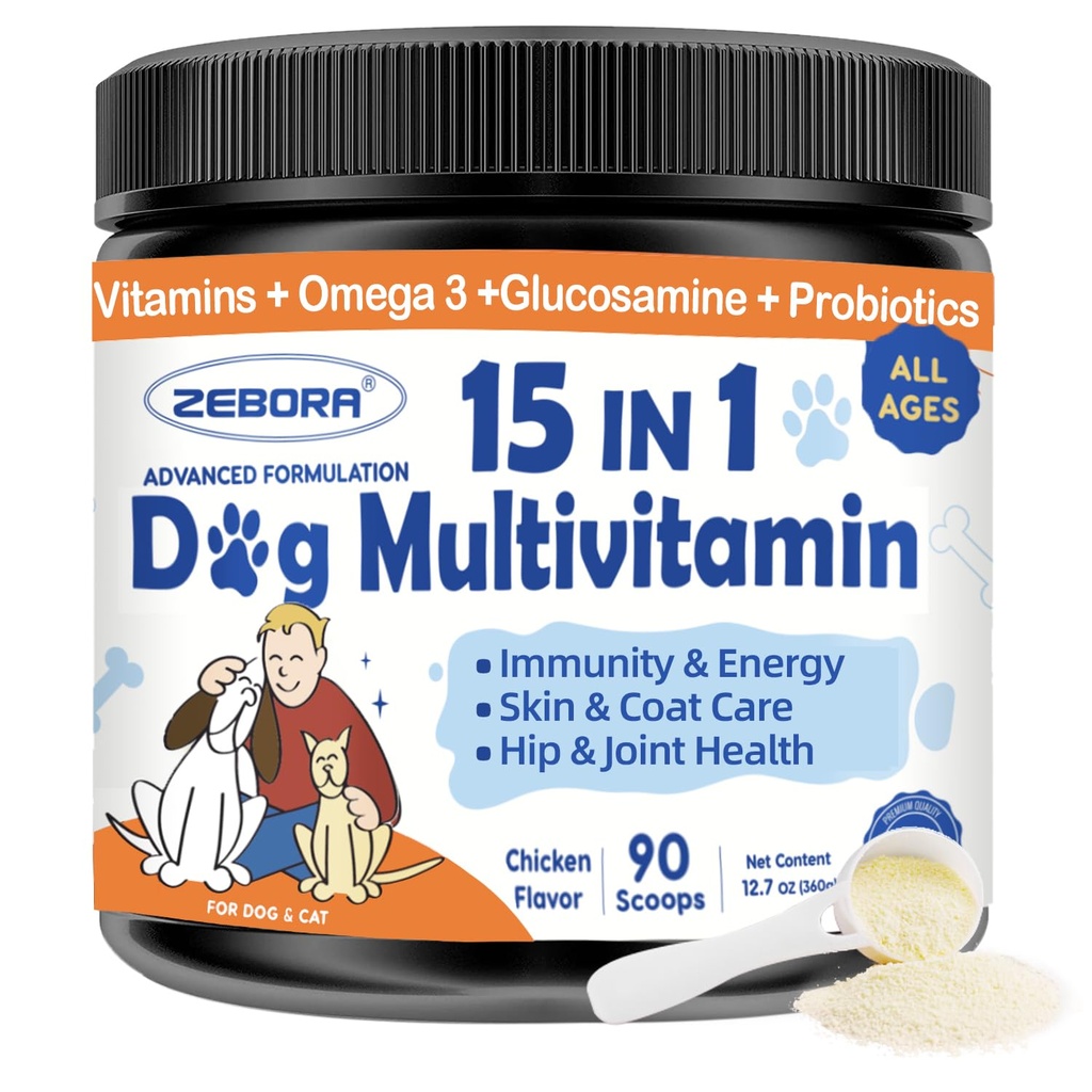 ZEBORA Dog Multivitamine Pulbere cu Glucosamină, Vitamine de câine și Suplimente pentru Suport Imun, Piele și Coat Supliment cu Omega 3 pentru Ajutor pentru Alergie, Probiotice pentru Digestive & Gut Health