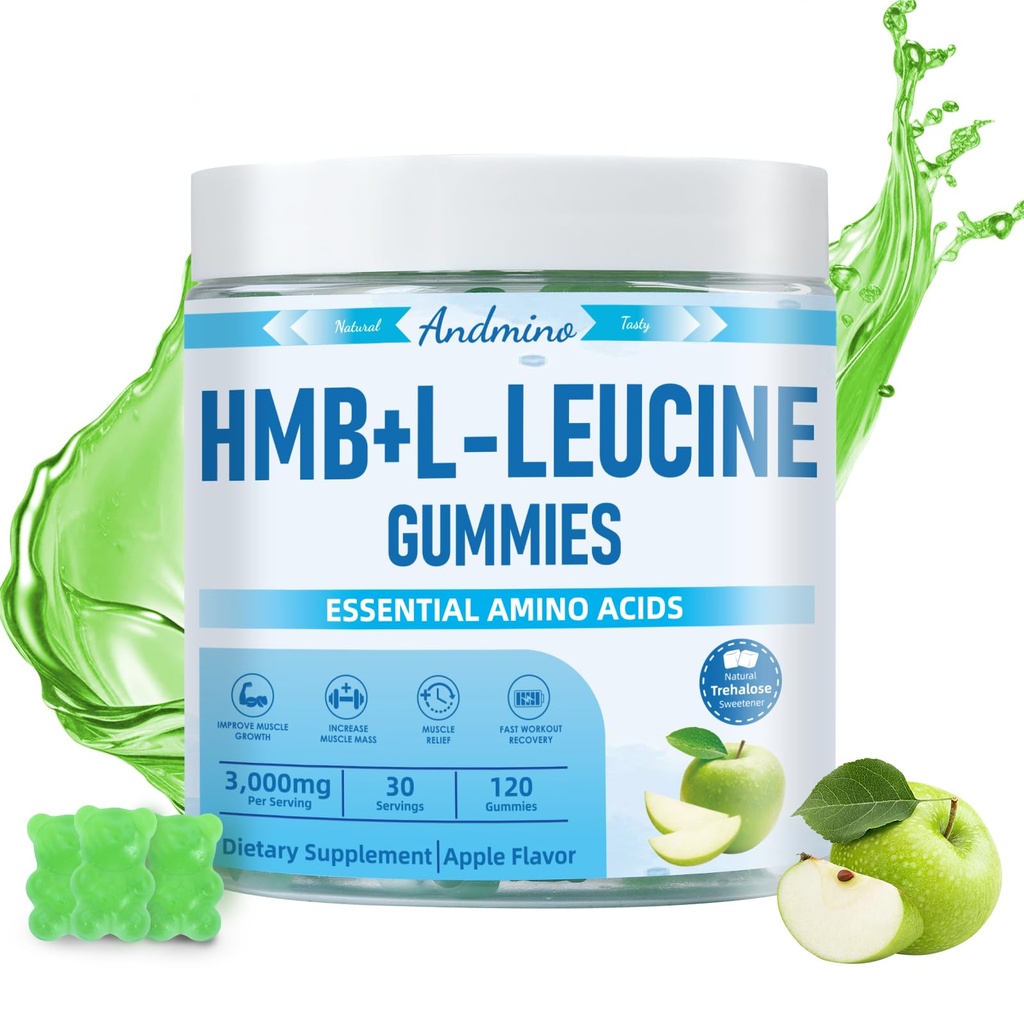 HMB și L-Leucine Gummies, 3000mg, cu Trehalose, pentru creștere musculară, ajutor muscular și recuperare antrenament, pentru adulți și bătrâni, non-GMO, Vegan, gluten gratuit, Apple Flavor, 120