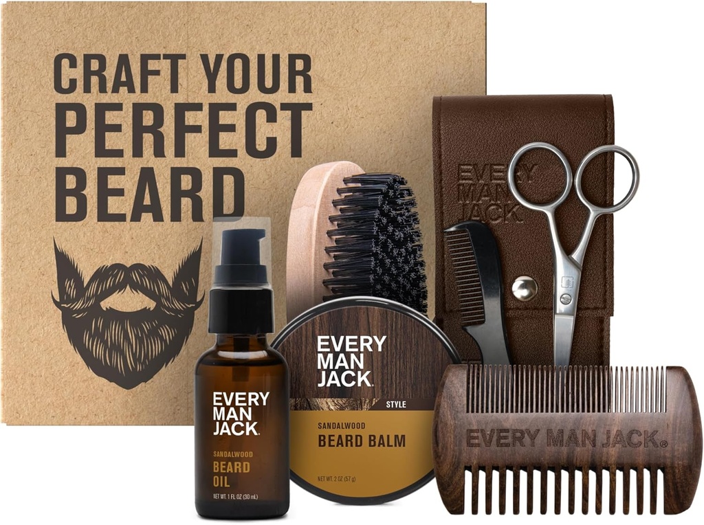 Fiecare om Jack Beard Grooming Kit pentru bărbați - Include ulei de barbă de santal și barbă Balsam, periuță de barbă, pieptene din lemn cu două fețe, foarfece și pieptene mustață