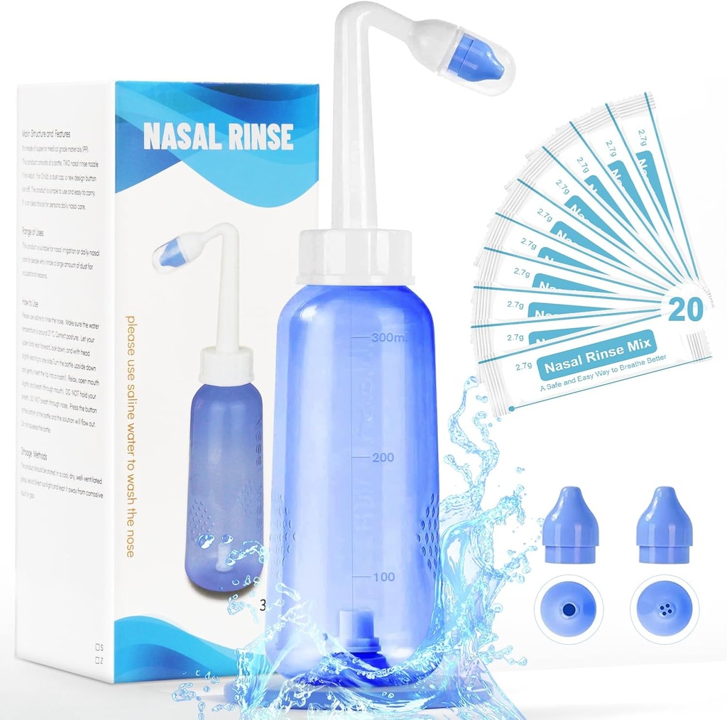 Neti Pot Sticla Sinus Clătire - Gentle Nasal Spălați nas nas curat pentru presiune eficientă Irigatio 300 ML cu 20 Pachete de sare Nasal Wash