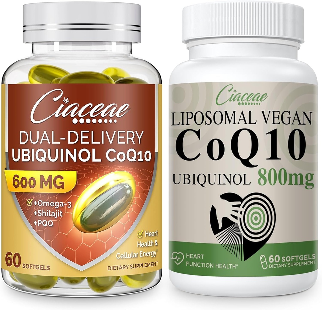 Liposomal CoQ10 800mg 1PCS Bundle with Ubichinol CoQ10 600 MG Softgels with Omega-3 & Shilaj & PQQ 1PCS