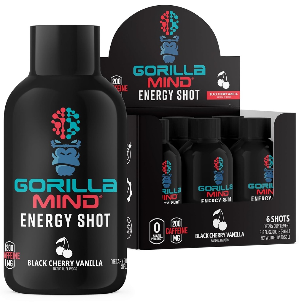 Gorila minte de energie Shots (Pachet de 6) - Enhanced Focus & Energy, Sugar-Free, Fast-Action Formula cu vitamine și extracte naturale (Black Cherry Vanilla)