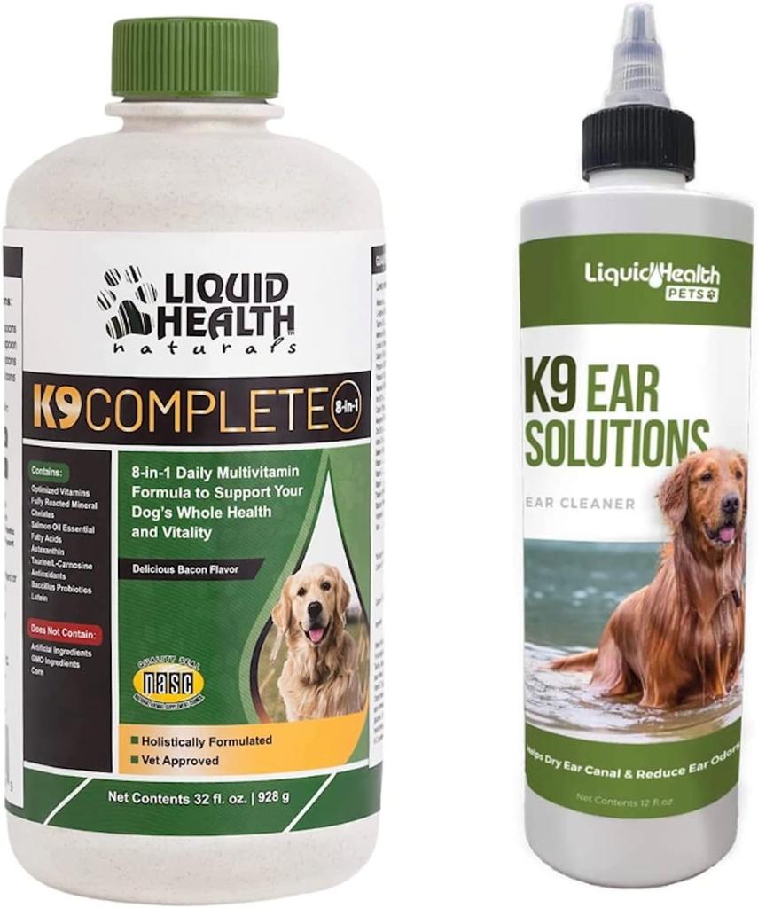 LIQUIDHEALTH Animale de companie K9 Complete 8-in-1 Multivitamine pentru toți câinii și cățeii și K9 soluții de spălare a urechii - Pet Health Supplement Bundle pentru sprijin comun și imun, Tratamentul de curățare ureche câine - Made in USA