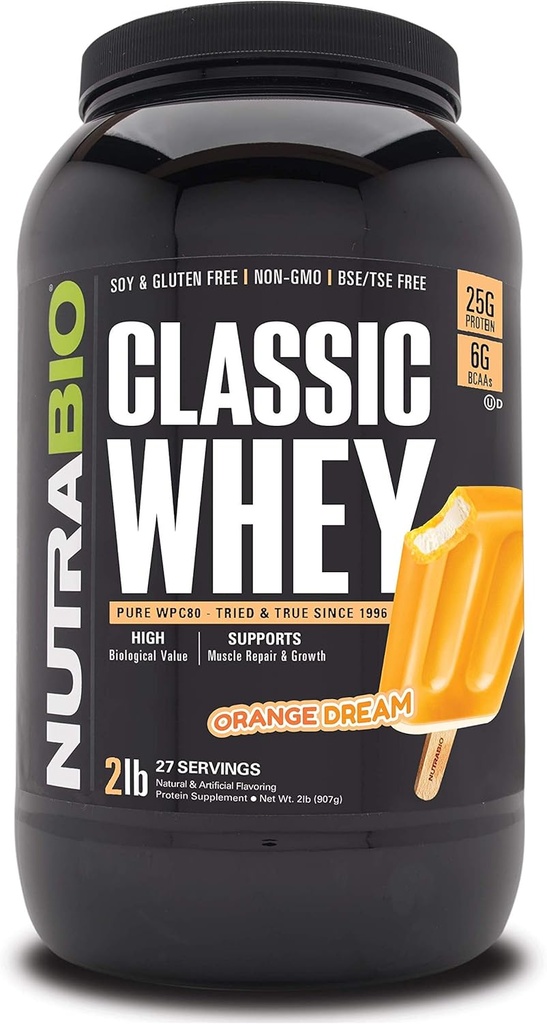 NutraBio Classic Whey Proteine pulbere- 25G de proteine per scoop - Full-Spectru Amino Acid Profile - Nu Fillers, Culori artificiale, Conservative - Orange Dream, 2 Lire