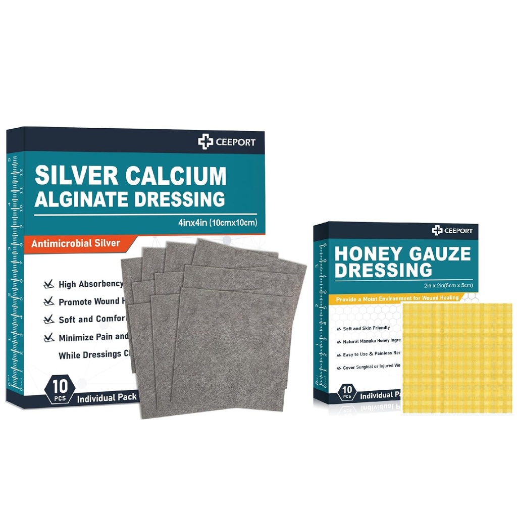 Silver Calciu Alginate Dressing (4'x4'10'cs) +Manuka Honey Gauze Dressing(2" x 2" 10pcs)