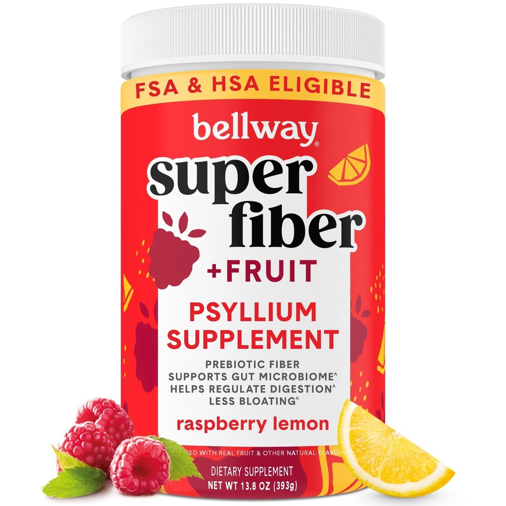 Bellway Super Fiber Powder + Fruit, Sugar Free Organic Psyllium Husk Powder Fiber Supplement for Regularity, Blaating Relief & Digestive Health, Plant-Based, Raspberry Lemon (50 Servings)