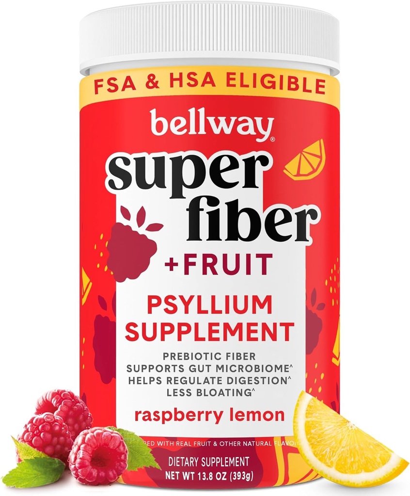 Bellway Super Fiber Powder + Fruit, Sugar Free Organic Psyllium Husk Powder Fiber Supplement for Regularity, Blaating Relief & Digestive Health, Plant-Based, Raspberry Lemon (50 Servings)
